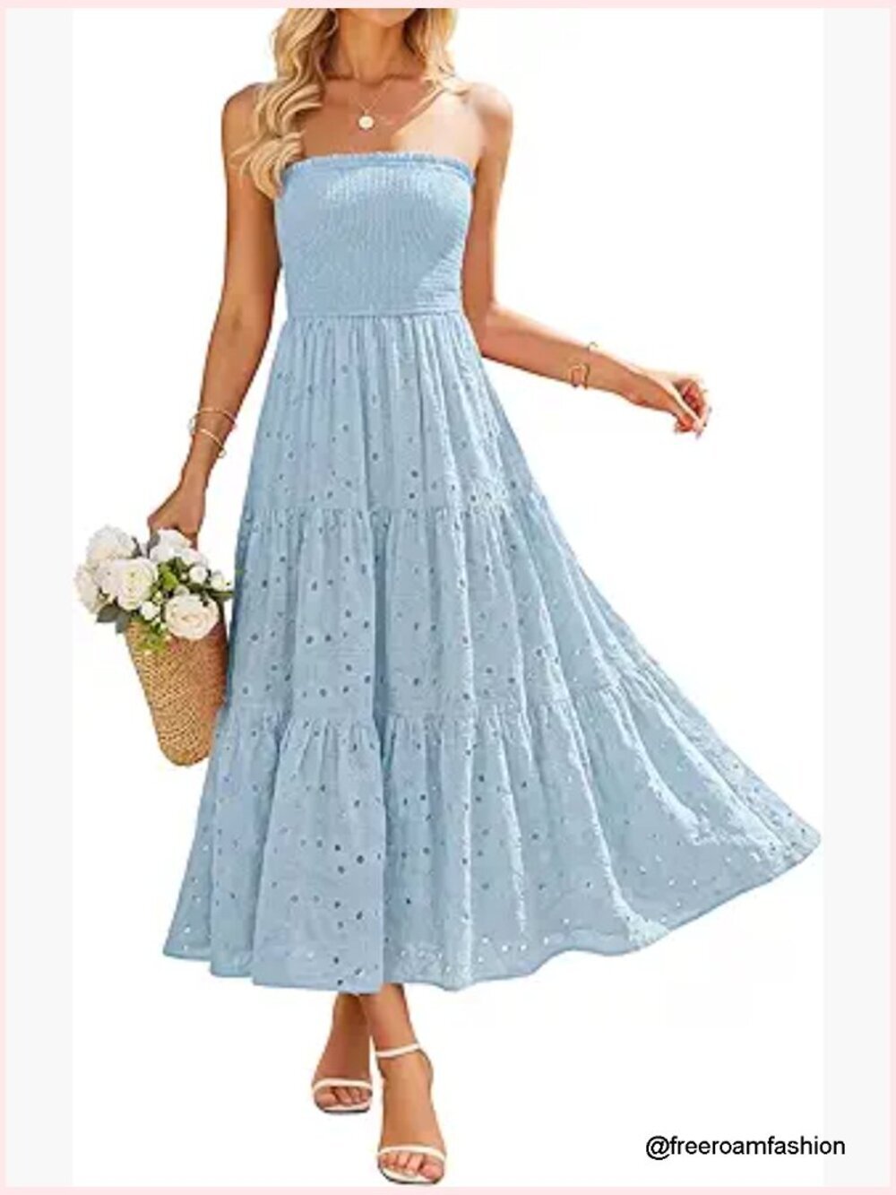 Strapless Smocked Midi Dress with Eyelet Embroidery and Pockets